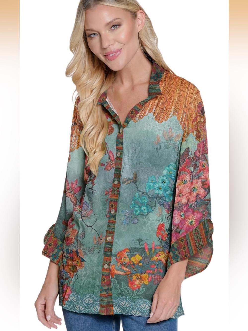 John Mark Patterned Top with Turquoise and Pink Accents
